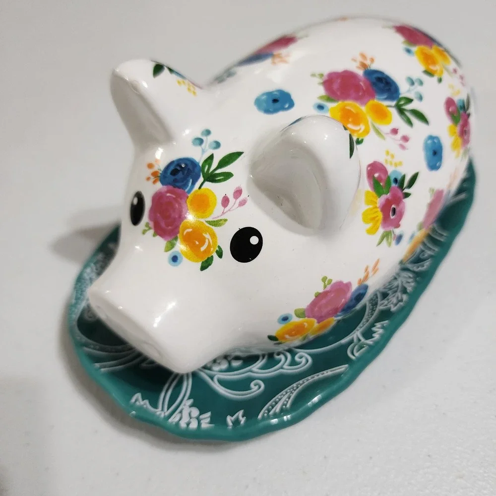 Pioneer Woman? Breezy Blossom Ceramic Pig Butter Dish Floral Teal White 2 Piece